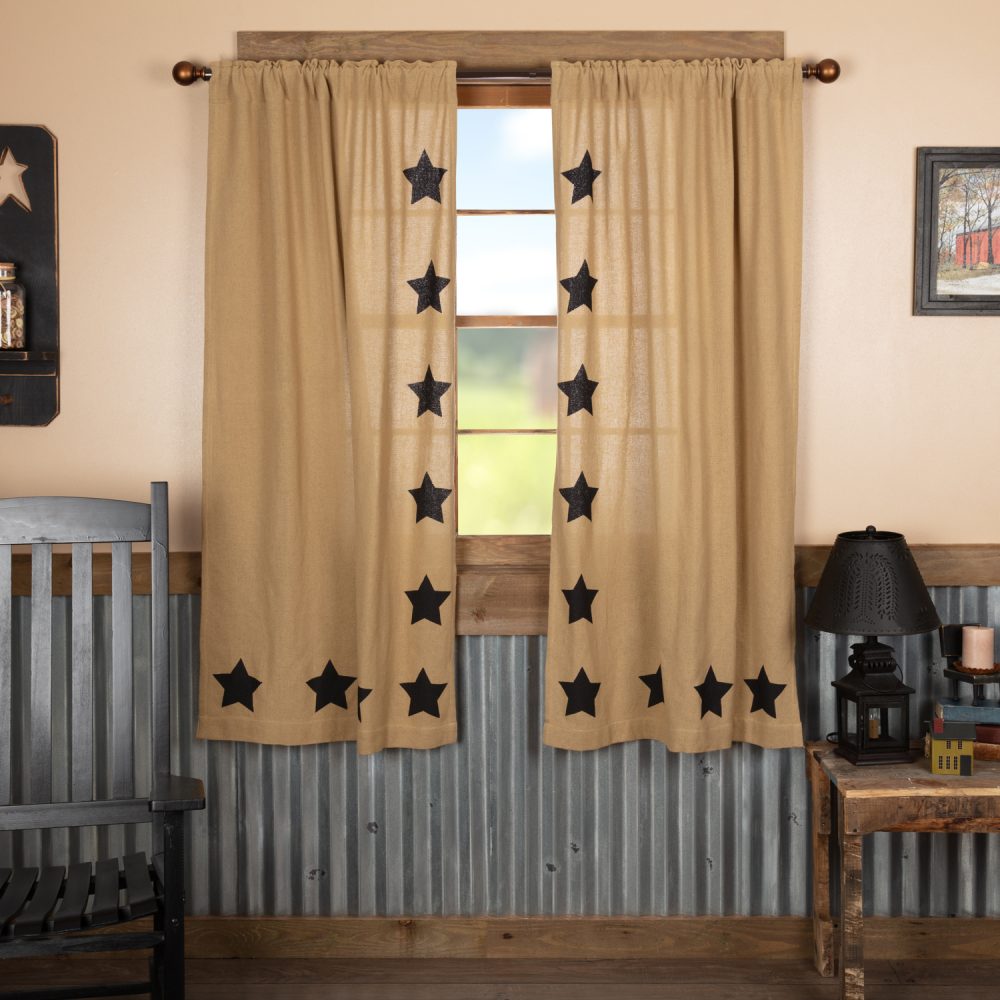 Burlap w/Black Stencil Stars Short Panel Set of 2 63x36