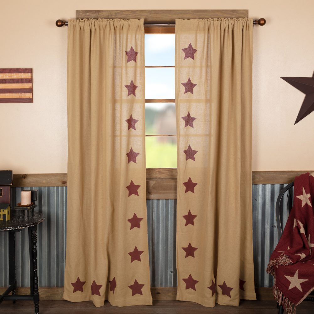 Burlap w/Burgundy Stencil Stars Panel Set of 2 84x40