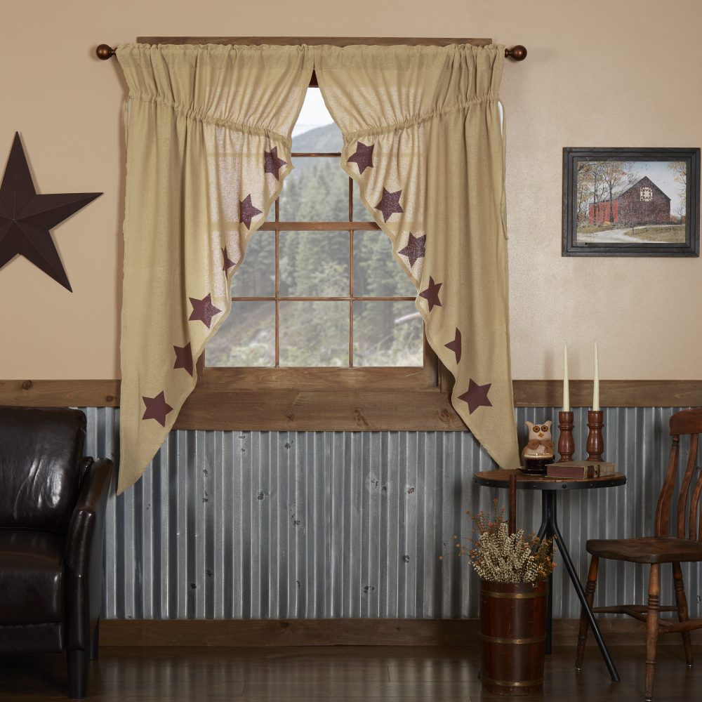 Burlap w/Burgundy Stencil Stars Prairie Short Panel Set 63x36x18