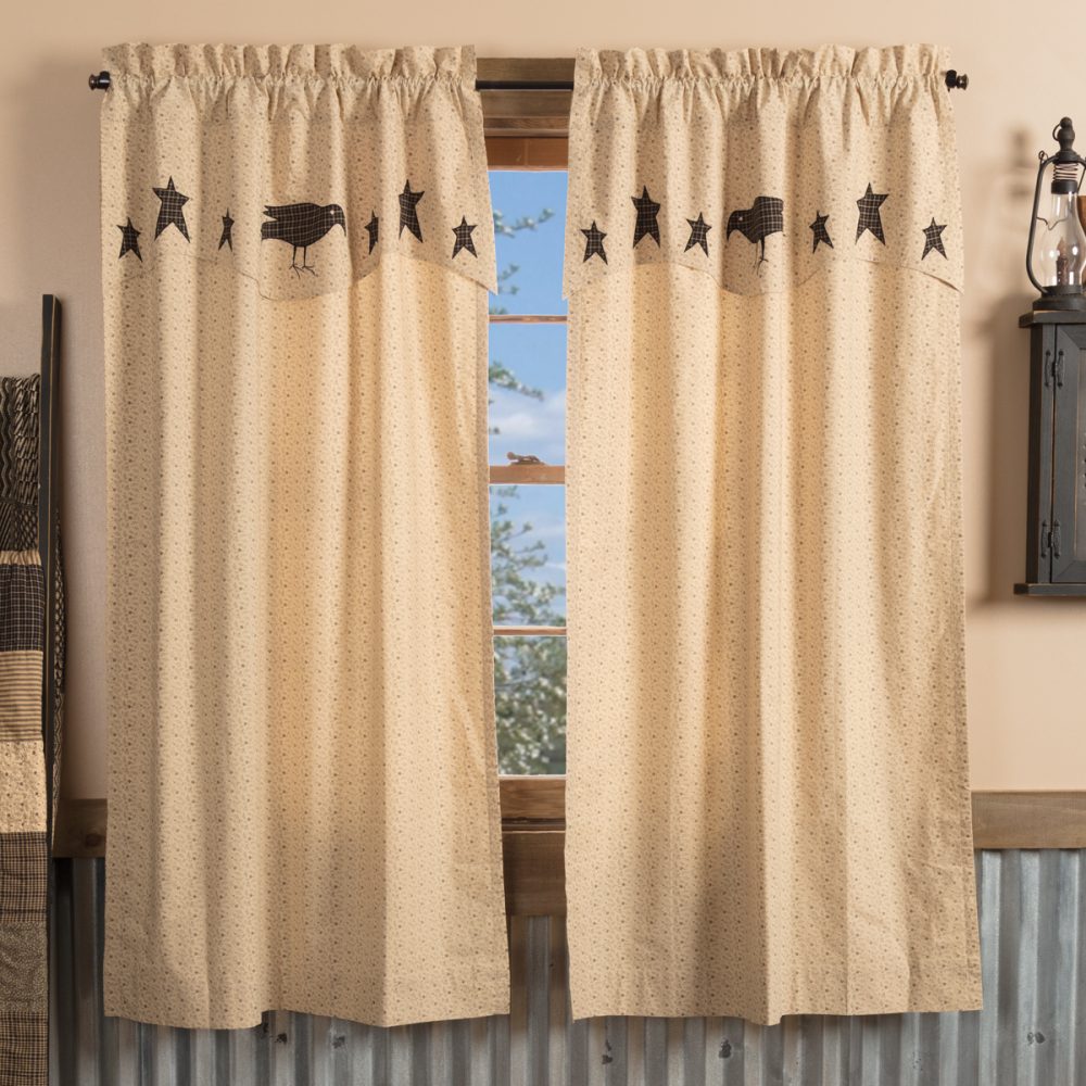 Kettle Grove Short Panel with Attached Applique Crow and Star Valance Set of 2 63x36