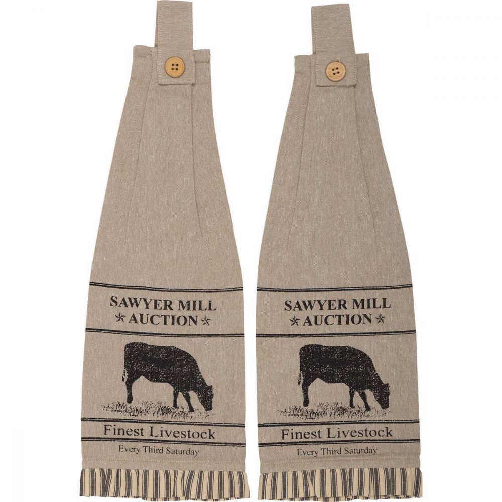 Sawyer Mill Charcoal Cow Button Loop Tea Towel Set of 2