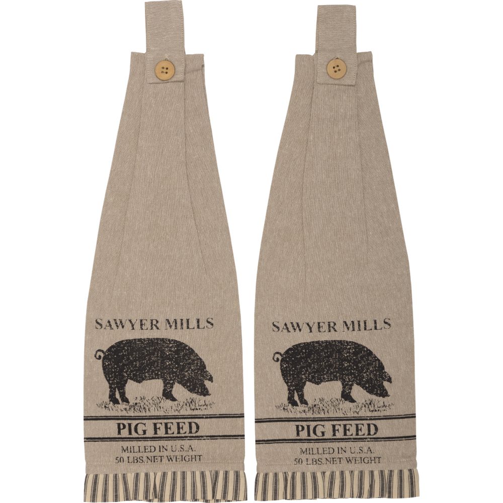 Sawyer Mill Charcoal Pig Button Loop Tea Towel Set of 2