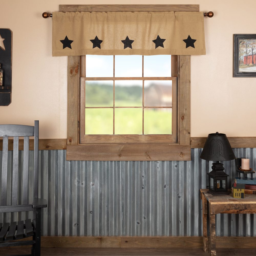 Burlap W/Black Stencil Stars Valance 16x60