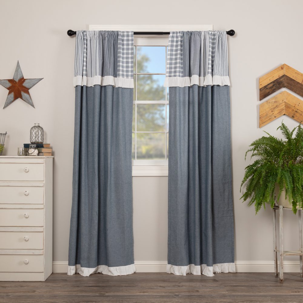 Sawyer Mill Blue Chambray Solid Panel with Attached Patchwork Valance Set of 2 84x40