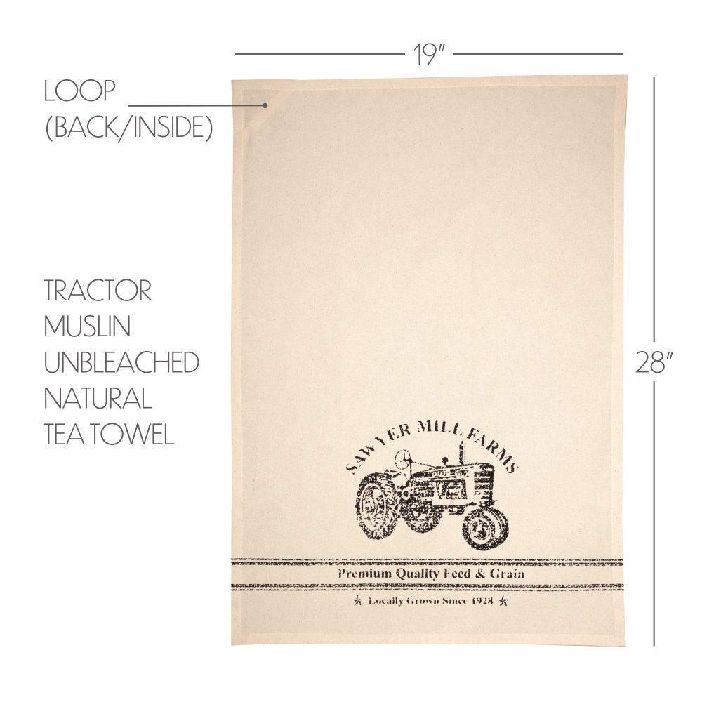 Sawyer Mill Charcoal Tractor Muslin Unbleached Natural Tea Towel 19x28