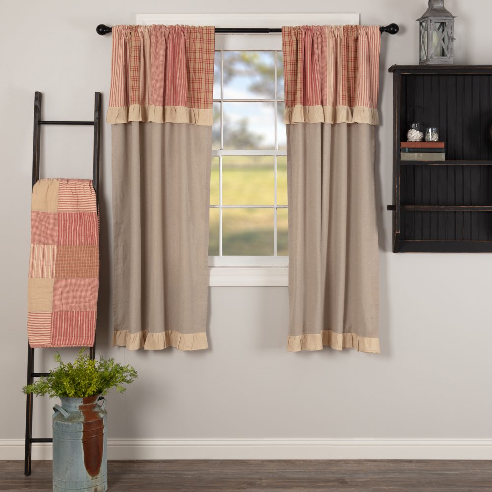 Sawyer Mill Red Chambray Solid Short Panel with Attached Patchwork Valance Set of 2 63x36