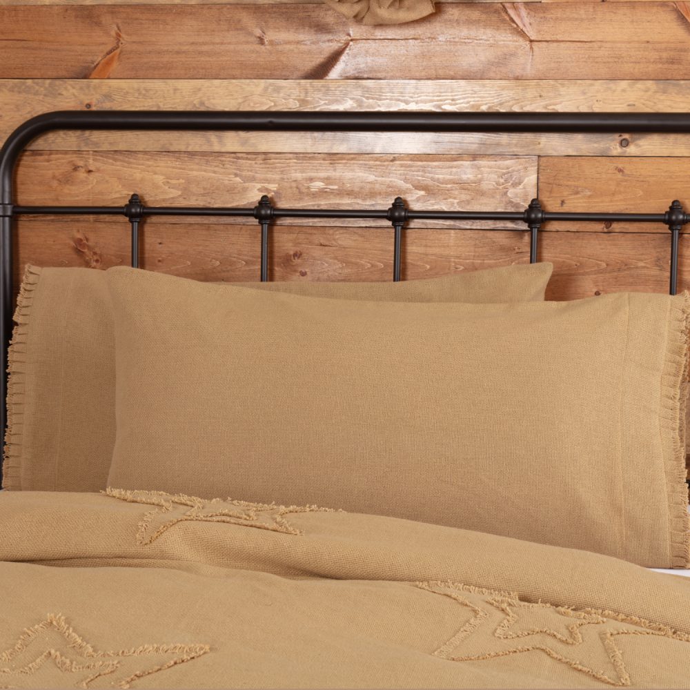 Burlap Natural King Pillow Case w/ Fringed Ruffle Set of 2 21x40