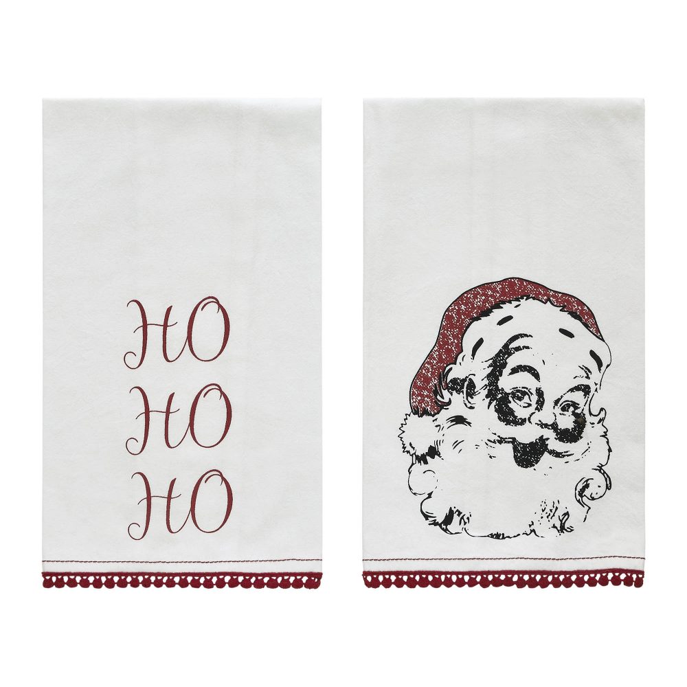 Kringle Chenille Ho Ho Ho White Muslin Tea Towel Set of 2 19x28