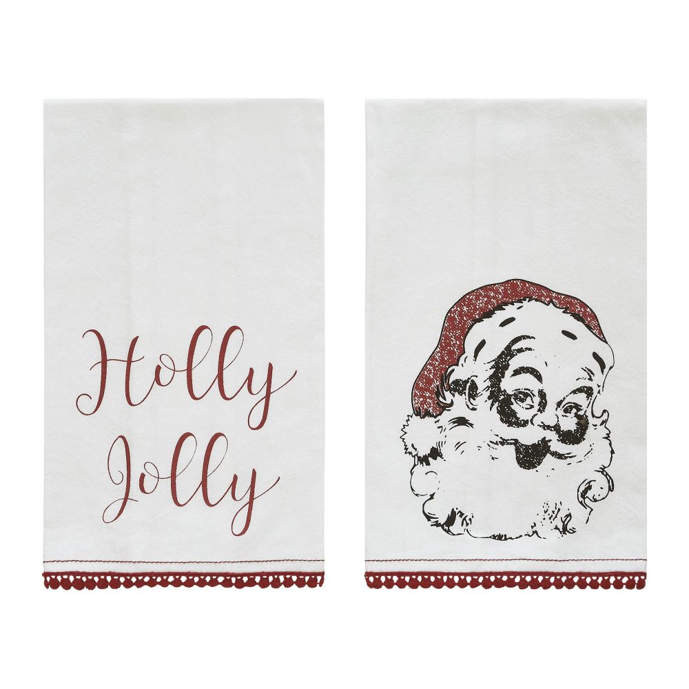 Kringle Chenille Holly Jolly White Muslin Tea Towel Set of 2 19x28