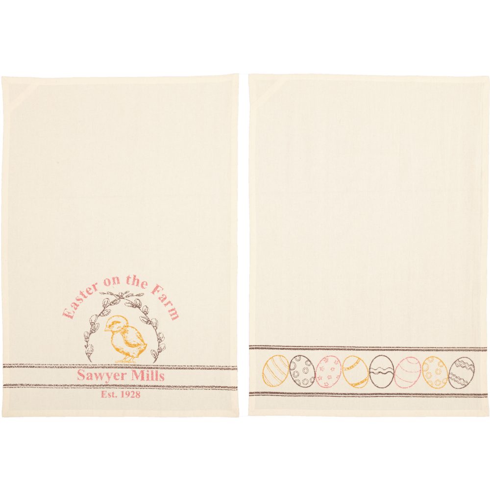 Sawyer Mill Easter on the Farm Chick Unbleached Natural Muslin Tea Towel Set of 2 19x28