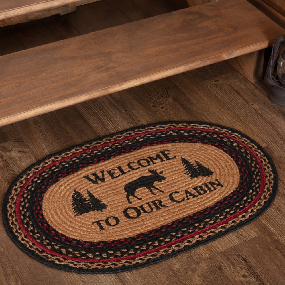 Cumberland Stenciled Moose Jute Rug Oval Welcome to the Cabin 20x30