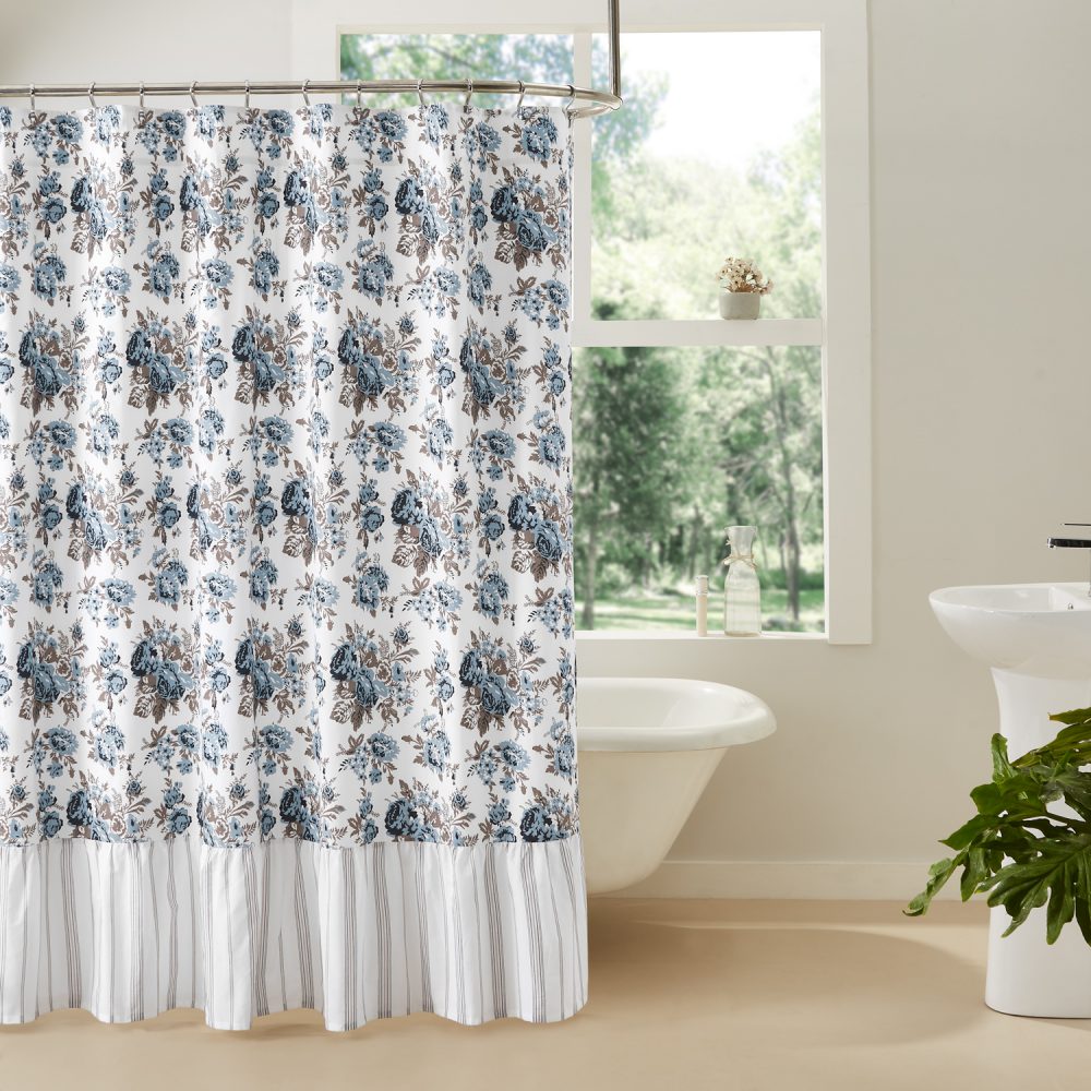 Annie Blue Floral Ruffled Shower Curtain 72x72