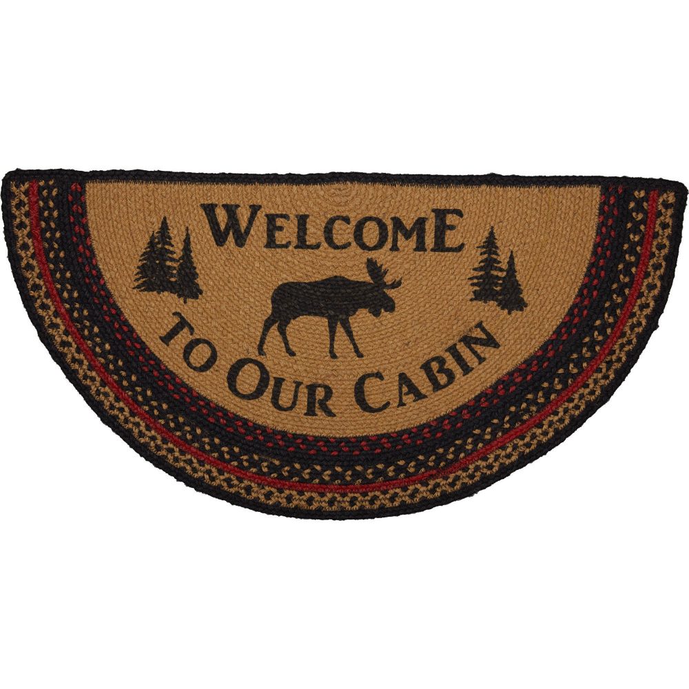 Cumberland Stenciled Moose Jute Rug Half Circle Welcome to the Cabin 16.5x33