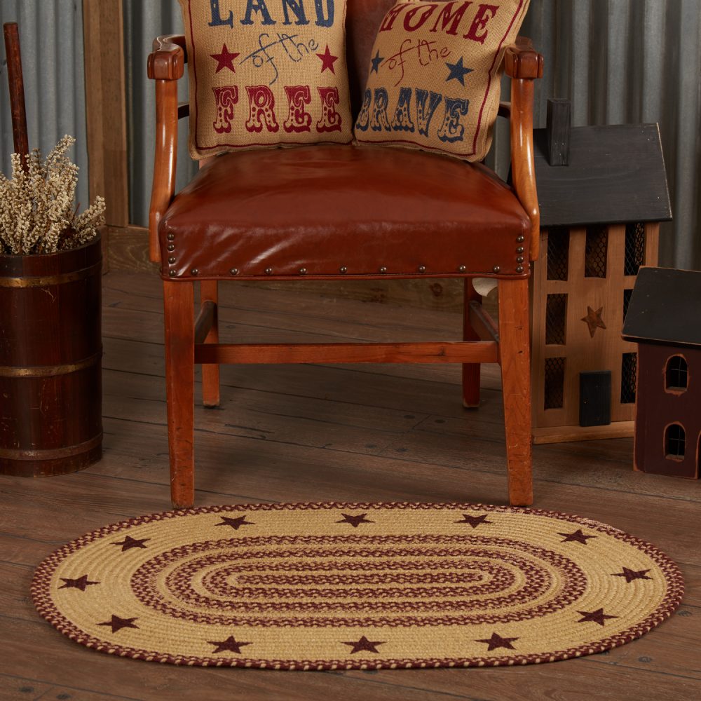 Burgundy Tan Jute Rug Oval Stencil Stars 24x36