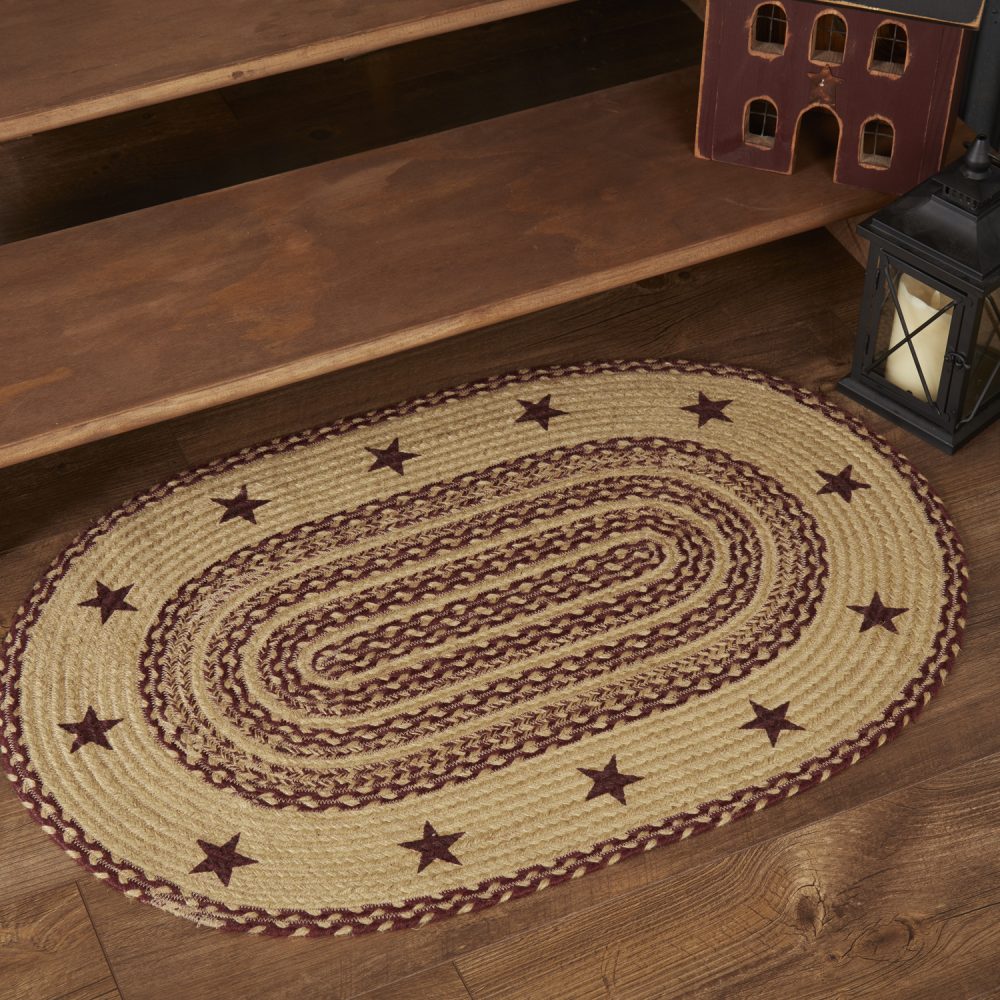 Burgundy Tan Jute Rug Oval Stencil Stars 24x36