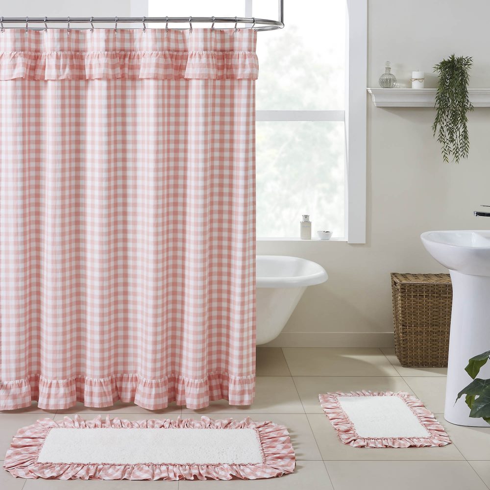 Annie Buffalo Coral Check Ruffled Shower Curtain 72x72