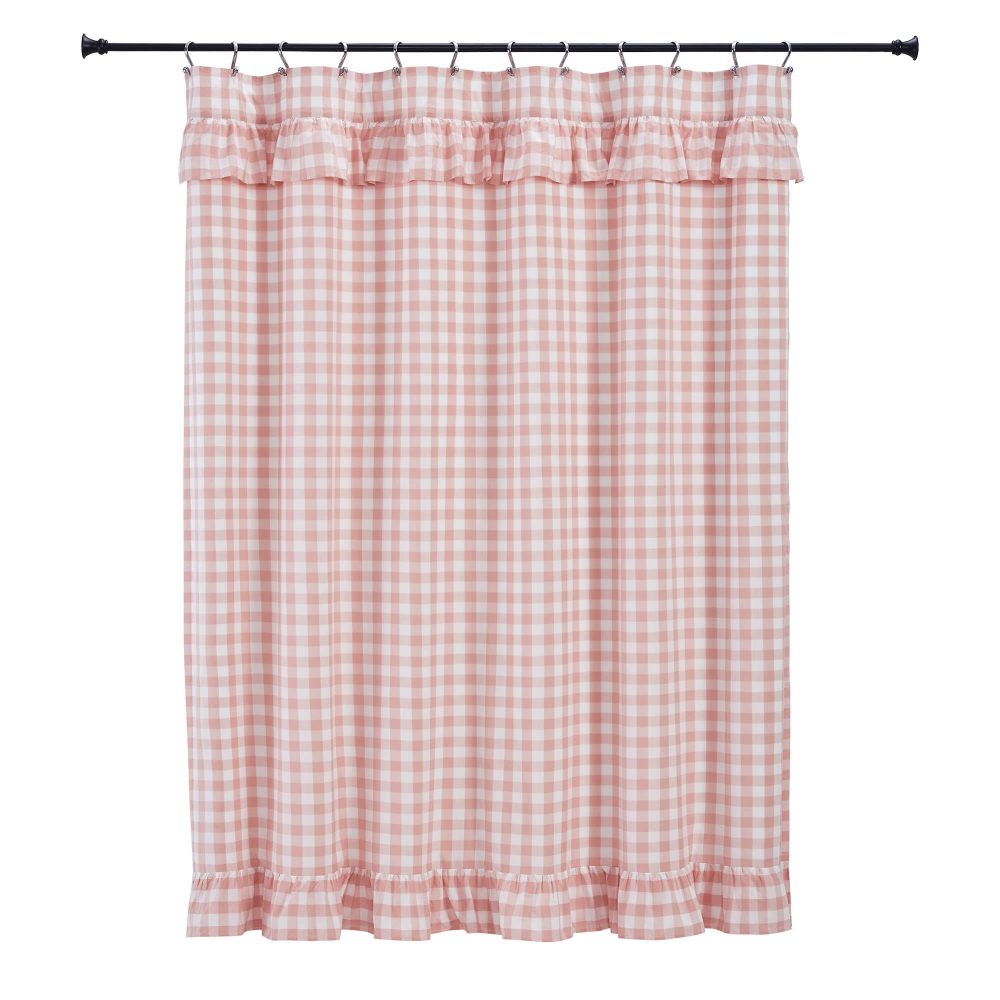 Annie Buffalo Coral Check Ruffled Shower Curtain 72x72