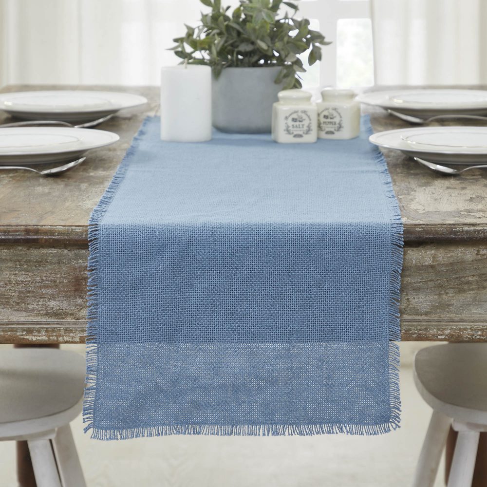 Burlap Blue Runner Fringed 12x48