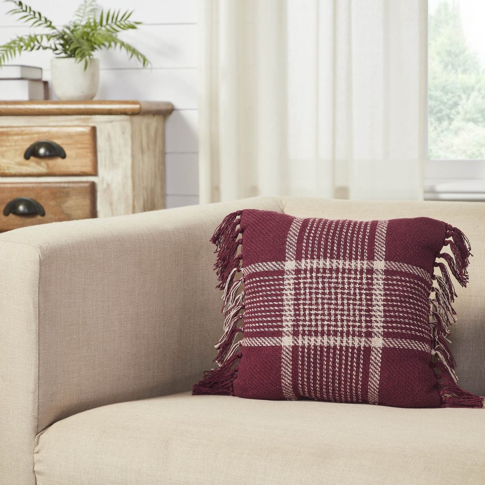 Eston Burgundy Tan Plaid Pillow 12x12