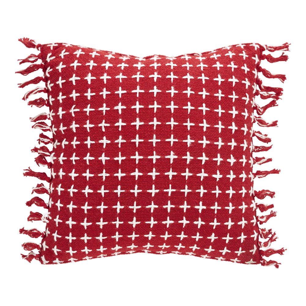 Gallen Red White Pillow Fringed 12x12