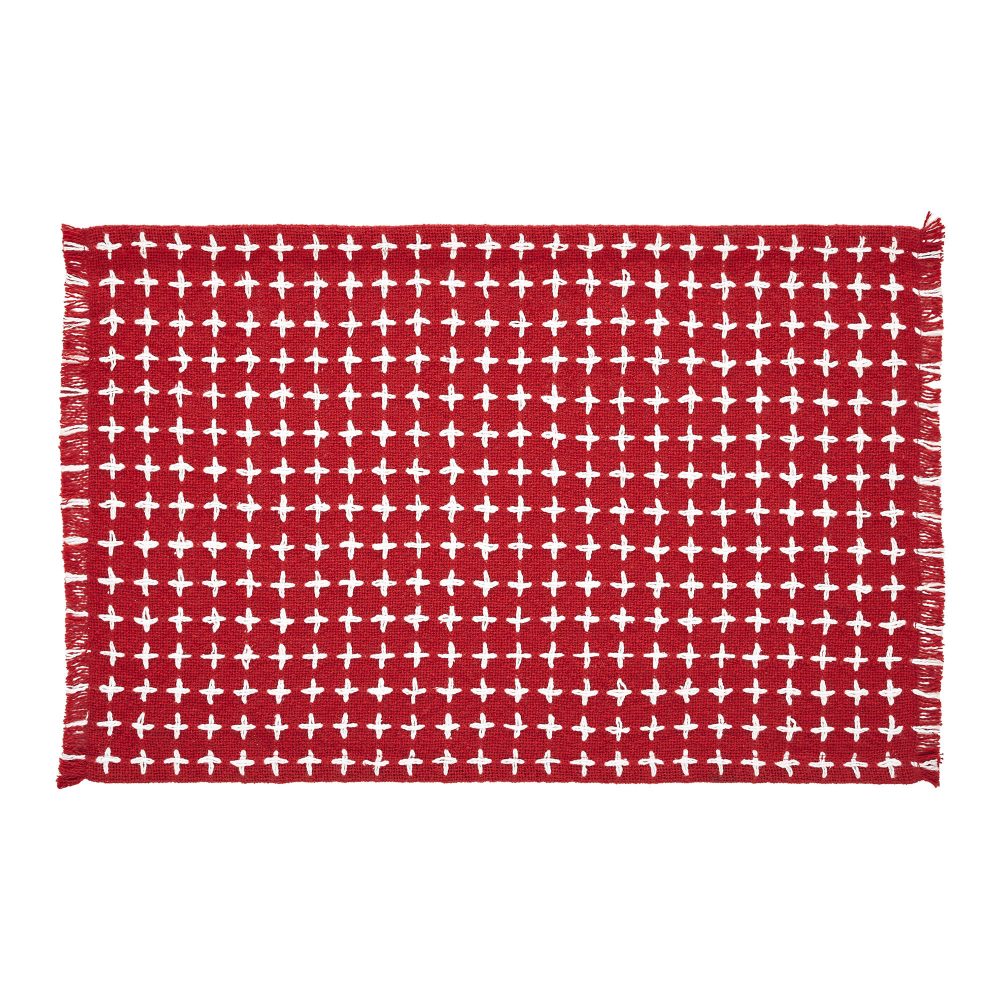 Gallen Red White Placemat Set of 2 Fringed 13x19