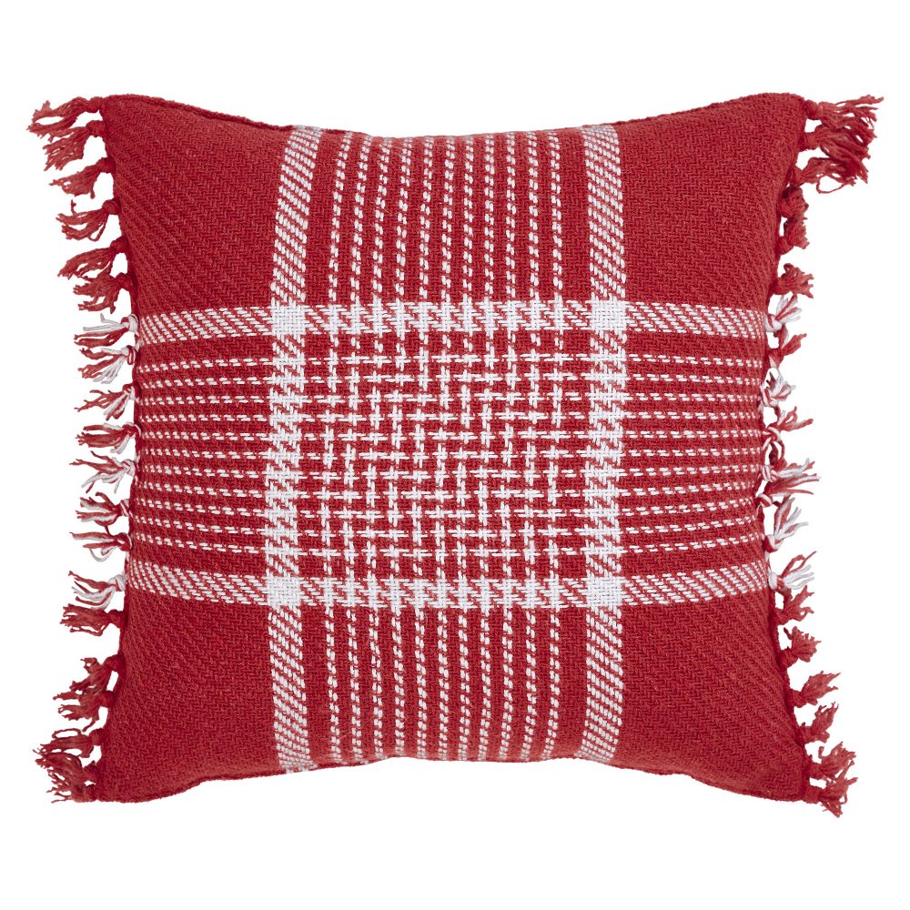 Eston Red White Plaid Pillow Fringed 12x12