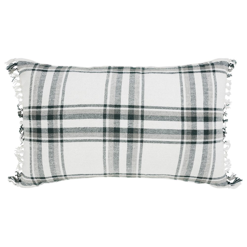 Harper Plaid Green White Pillow Fringed 14x22