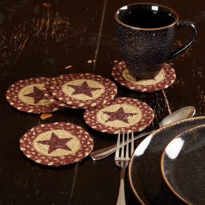 Burgundy Tan Jute Coaster Stencil Star Set of 6