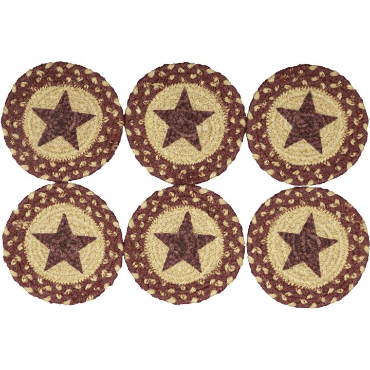 Burgundy Tan Jute Coaster Stencil Star Set of 6