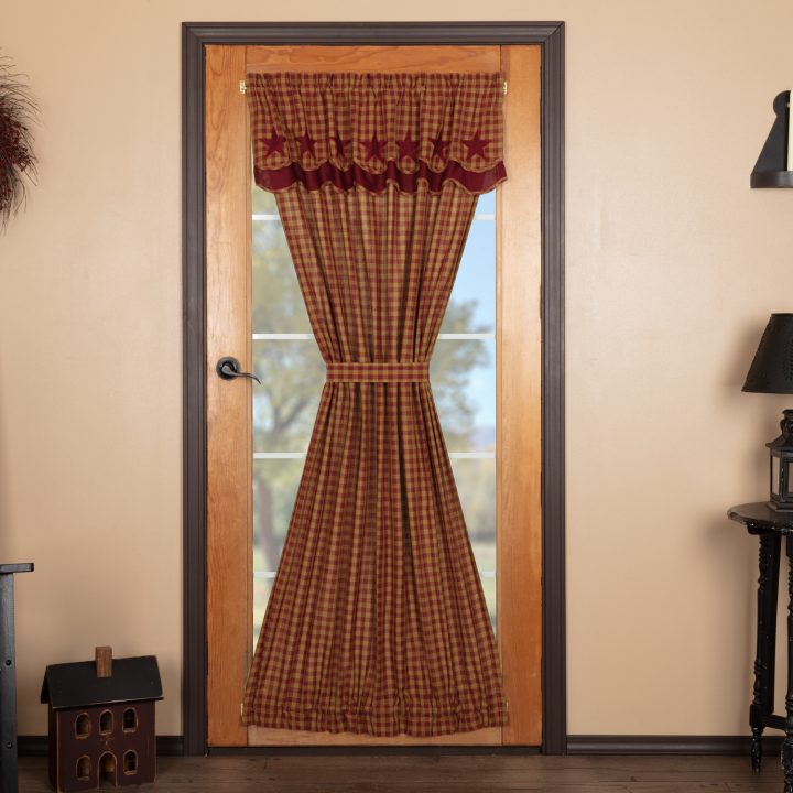 Burgundy Star Door Panel with Attached Scalloped Layered Valance 72x40