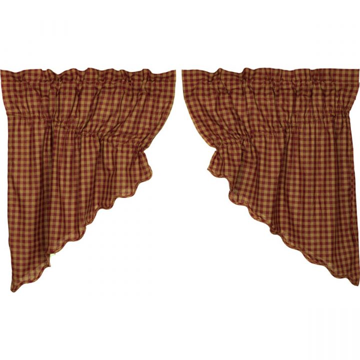 Burgundy Check Scalloped Prairie Swag Set of 2 36x36x18