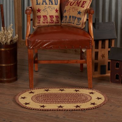 Burgundy Tan Jute Rug Oval Stencil Stars 20x30