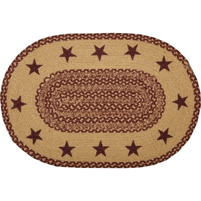 Burgundy Tan Jute Rug Oval Stencil Stars 20x30