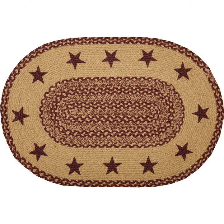 Burgundy Tan Jute Rug Oval Stencil Stars 20x30