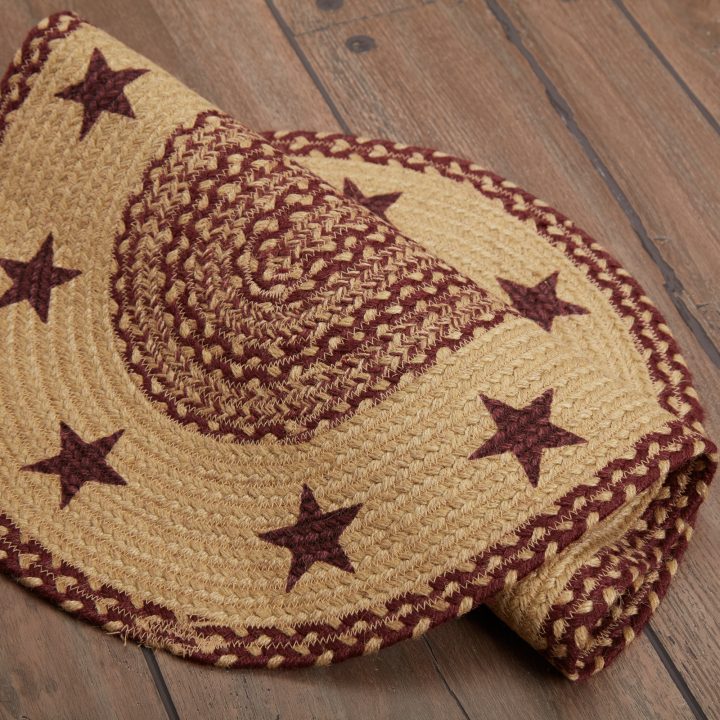 Burgundy Tan Jute Rug Oval Stencil Stars 20x30