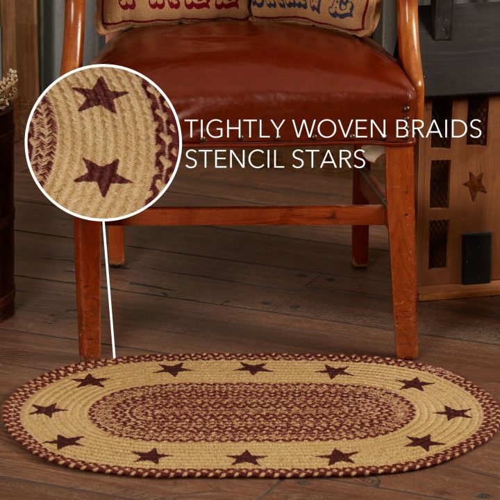 Burgundy Tan Jute Rug Oval Stencil Stars 20x30