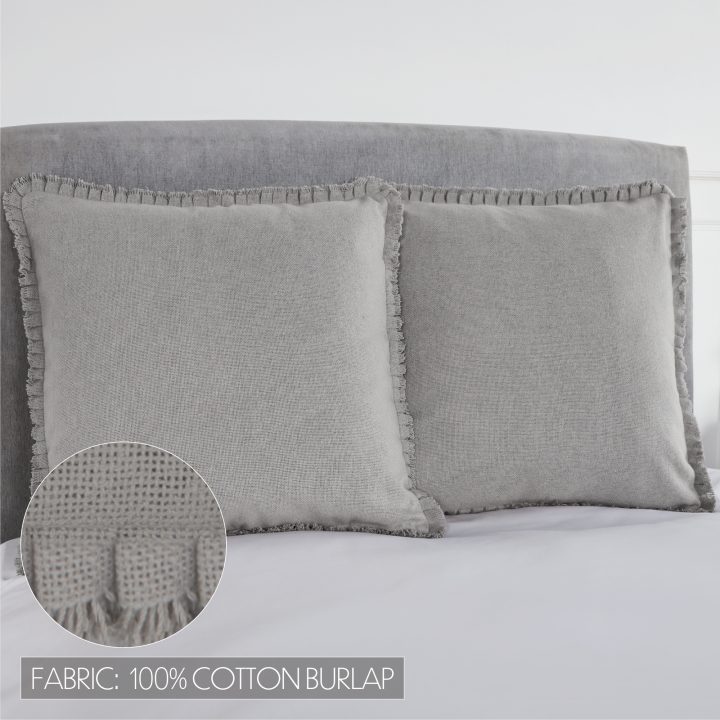 Burlap Dove Grey Fabric Euro Sham w/ Fringed Ruffle 26x26