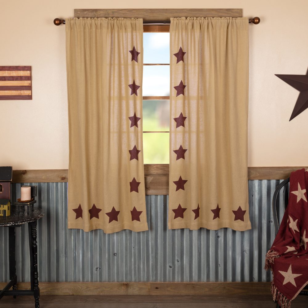 Burlap w/Burgundy Stencil Stars Short Panel Set of 2 63x36