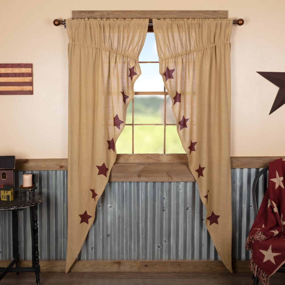 Burlap W/Burgundy Stencil Stars Prairie Long Panel Set of 2 84x36x18