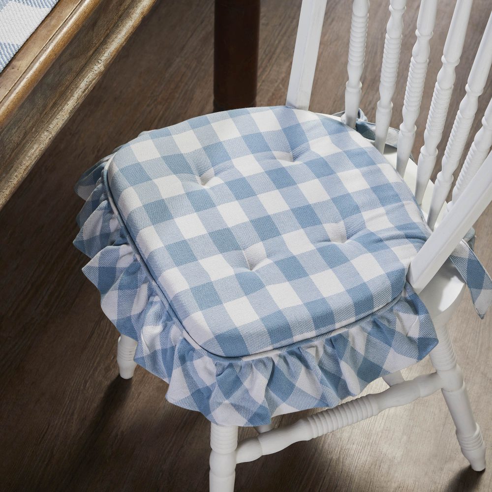 Annie Buffalo Check Blue Ruffled Chair Pad 16.5x18