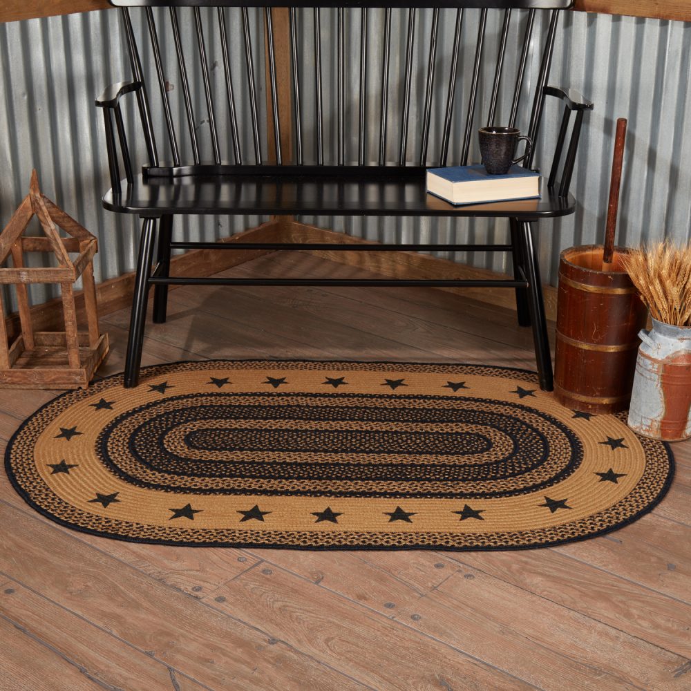 Farmhouse Jute Rug Oval Stencil Stars Border w/ Pad 36x60