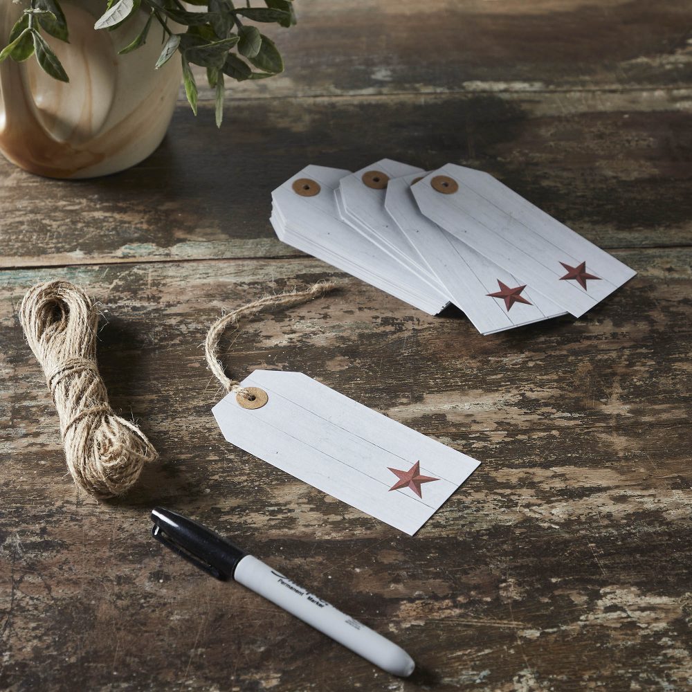 Faceted Barn Star Barnwood Paper Tag Barn Red 4.75x2.25 w/ Twine Set of 50