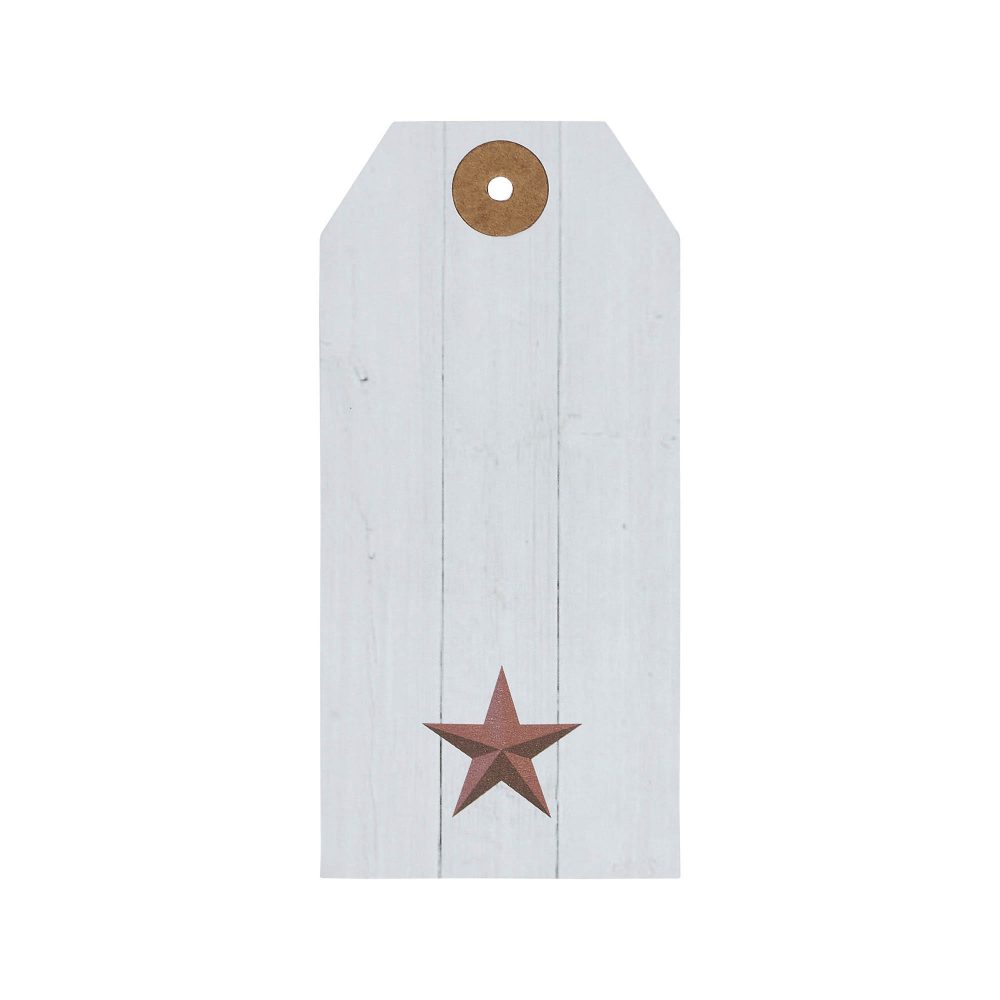 Faceted Barn Star Barnwood Paper Tag Barn Red 4.75x2.25 w/ Twine Set of 50