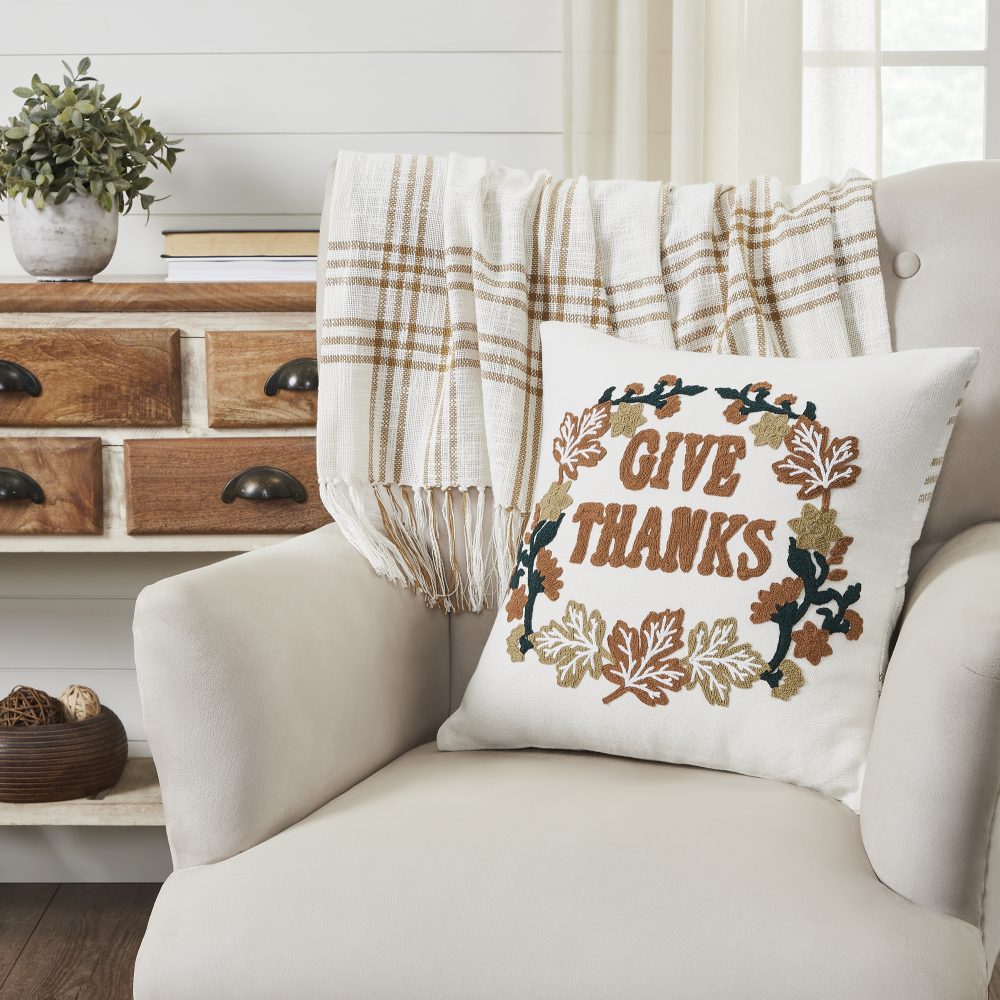 Wheat Plaid Give Thanks Pillow 18x18