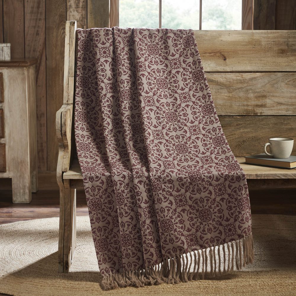 Custom House Burgundy Tan Jacquard Woven Throw 50x60