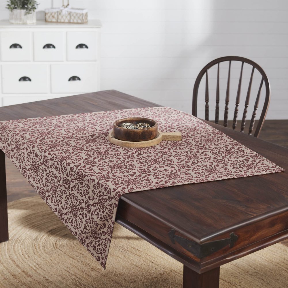 Custom House Burgundy Tan Jacquard Table Topper 42x42