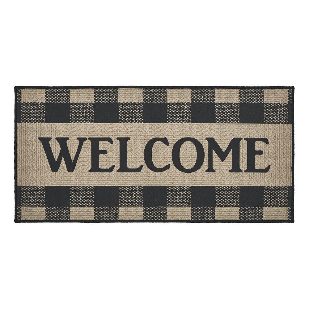 Black Check Welcome Polyester Rug Rect 17x36