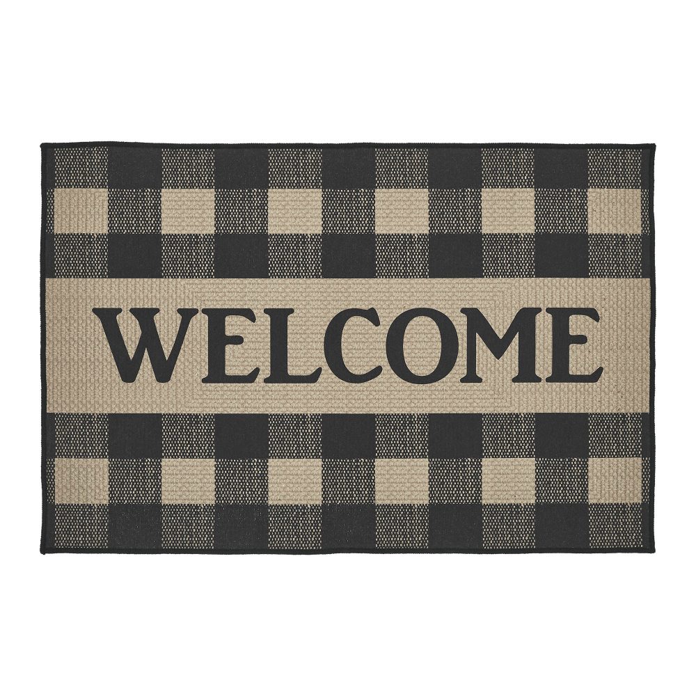 Black Check Welcome Polyester Rug Rect 24x36