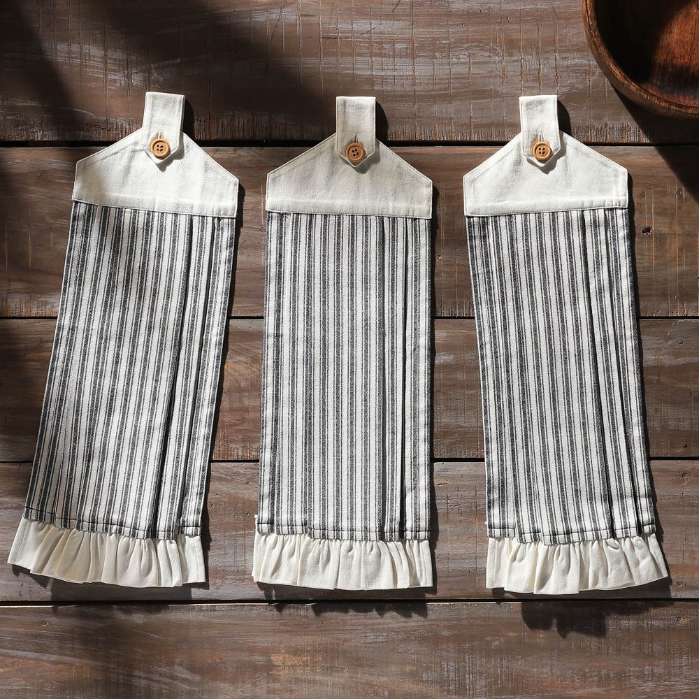 Sawyer Mill Black Ticking Stripe Button Loop Tea Towel Set of 3