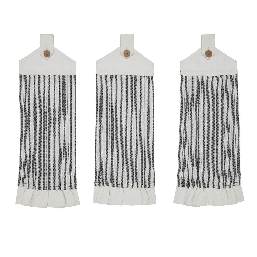 Sawyer Mill Black Ticking Stripe Button Loop Tea Towel Set of 3